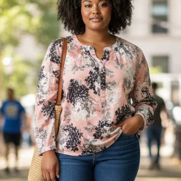 Talbots Woman Floral Blouse Womens Size 1X Pink Gray Black V-Neck Career Top - Picture 1 of 9